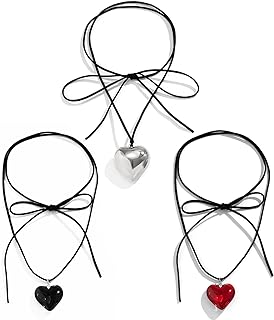 3Pcs Chunky Puffy Heart Choker Necklace Set for Women,Black Velvet Flower Choker Big Heart Pendant Choker Necklace Adjustable Necklace with Elegant Braided Bow Wedding Party Summer Necklaces