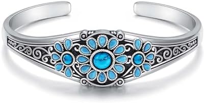 925 Sterling Silver Native American Turquoise Bracelet Cuff for Women Southwestern Squash Blossom Indian Jewelry Adjustable Bangle Gift