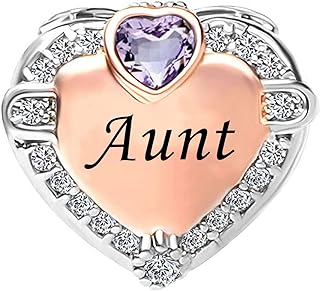 KunBead Auntie Aunt Rose Gold Heart Love Purple Birthday Bead Charms Compatible with Pandora Charm Bracelets Jewelry for Women