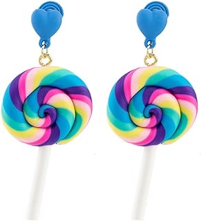 Cute Lollipop Colorful Rainbow Heart Love CLip on Lightweight Fake Dangle Drop Earrings for Women Teen Girls Non Pierced Ear Candy Sugar Charm Dangling Hypoallergenic Fashion Jewelry Halloween Party