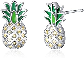 Delightful Sterling Silver Pineapple Stud Earrings with Cubic Zirconia for Women and Girls - Charming Design with Push Back Finding