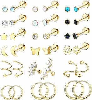 LOLIAS 36Pcs Flat Back Stud Earrings for Women Trendy Gold Black Silver Earrings Studs Hoops Set Surgical Steel Comfy Earrings for Sensitive Ears Hypoallergenic Fit for Lobe Cartilage Helix ...