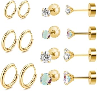 Titanium Earrings for Sensitive Ears, Flat Back Stud Earrings Hoop Earrings Set for Women, Hypoallergenic Surgical Stainless Steel Cubic Zirconia Earrings Stud Earrings Set for Cartilage Helix 7 Pairs