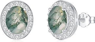Sterling Silver and Cubic Zirconia Threaded Moss Agate Stud Earrings with Secure Screw Back for Women, Organic Oval Design