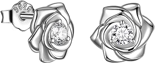 925 Sterling Silver Rose Flower Ring Adjustable Elegant Flower Rose Ring Promise Ring Women Girls Rose Flower Earring Studs Beauty Rose Necklace Elegant Rose Jewelry for Birthday Wedding Bridesmaid Gifts