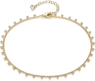 Fettero Gold-Plated-Brass Beaded Anklet with Cubic Zirconia & Lobster Claw Clasp - Dainty Beach Foot Jewelry Ideal for Women & Girl's Presents