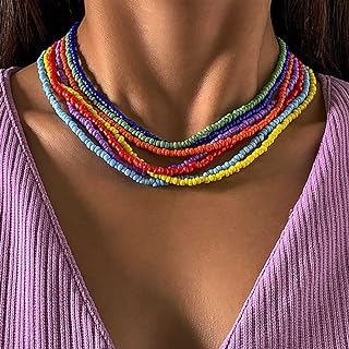 Boho Beaded Necklaces Colorful Bead Necklace Layered Rainbow Beach Necklace Accessories for Women and Girls