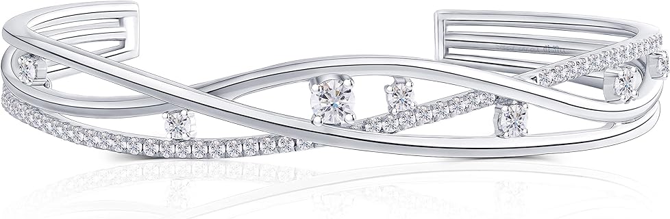 DovEggs Platinum Plated Silver 1.77ct Center 4mm G-H-I Color Moissanite Bracelet Adjustable Bangle with Accents for Women Girls