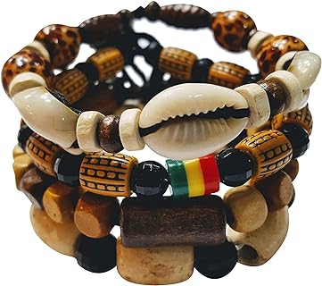 Spring Ring Clasp African Beaded Necklace and Bracelet Set for Men & Women - Multilayer Tribal Design - Adjustable Length - Wood, Glass, and Plastic Material