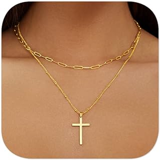 Lustrous Brass-Lobster Clasp 17 MILE Cross Pendant Necklace with Cable Chain for Women - Trendy 14K Gold Plated Layered Design