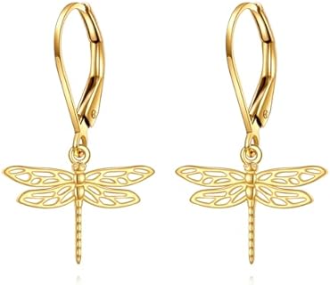 Gold Dragonfly Earrings Gifts 14k Gold Small Dragonfly Leverback Dangle Drop Earrings Jewelry for Women Teen Girls