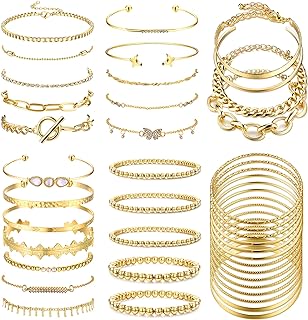 Florideco 40 PCS (6 Pack) Gold Stackable Chain Bracelets Set for Women Boho Stackable Y2K Chain Layered Multipack Bangles Adjustable Paperclip Link Italian Cuban Anklet Bracelet Jewelry