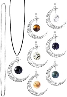 7 pcs Filigree Crescent Moon Crystal necklace set，7 Chakras Natural Crystals Healing Stones Pendant with 2 necklace strings Friendship Necklace Jewelry Pendant