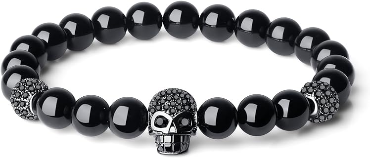 COAI Stainless Steel Black Tourmaline Skull Bead Bracelet with Box Chain and Fold Over Clasp for Unisex, Edgy Design