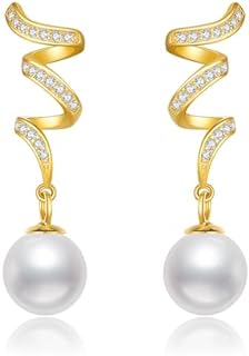 14K Gold Pearl Earrings 14K Gold Twist Freshwater Cultured Pearl Earrings Yellow Gold Dangle Drop Earrings with 8MM Pearl for Women Girls