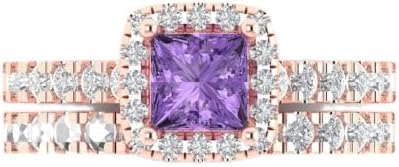 Clara Pucci 1.54 carat Princess Cut Halo Solitaire accent Natural Amethyst Wedding Anniversary Bridal Ring band set 14k Rose Gold