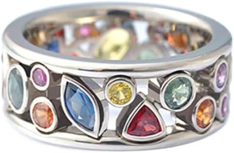 Vintage 925 Sterling Silver Multicolored Crystal Ring AAA Cubic Zirconia Boho Statement Band Ring for Women, Geometrical Gemstone Eternity Ring Cocktail Party Ring