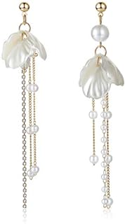 Women's KRUCKEL Peach Blossom White Pearl Floral Dangle Earrings with Rubber Back | Trendy, Hypoallergenic Austrian Jewelry+ Sterling Silver and Lightweight Design