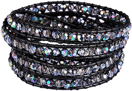 Adjustable Button Clasp Rhinestone Beaded Genuine Leather Wrap Bracelet - Versatile Multi-Colored Bead Design Bracelet for Stylish Women