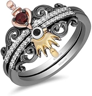Jewelili Enchanted Disney Fine Jewelry Black Rhodium over Sterling Silver with 10K Rose Gold and Yellow Gold 1/8 CTTW Black, White Diamond and Red Garnet Evil Queen Aurora Stack Ring
