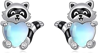 Sterling Silver Shusukue Raccoon Stud Earrings with Moonstone for Women - Push Back Heart Shaped Jewelry for Girls and Girlfriend