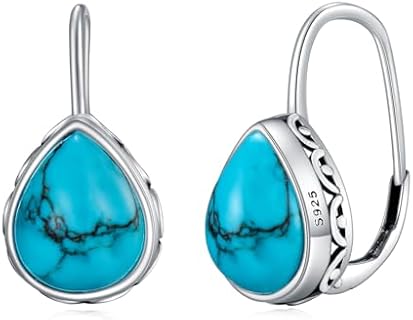 925 Sterling Silver Leverback Earrings with Genuine Green Turquoise Stones - Vintage Inspired Design - Perfect Jewelry Gift for Women