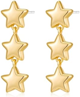 Gold Star Charm Drop Earrings with French Wire Back Finding for Women and Girls, Brass Long Dangle Earrings Design