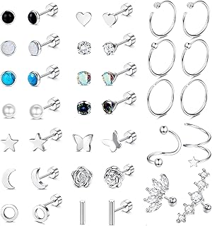 JeweBella, 19 Pares Pendientes Pequeños de Acero Quirúrgico Hipoalergénicos, con Perlas y Turquesa, para Mujeres y Hombres con Múltiples Perforaciones, Ideales para Uso Diario