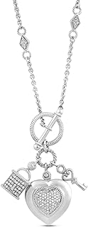 Lobster Clasp Diamond-Embellished Lock & Key Pendant Necklace - Sterling Silver Cable Chain - Heart-shaped Design - Ideal for Women