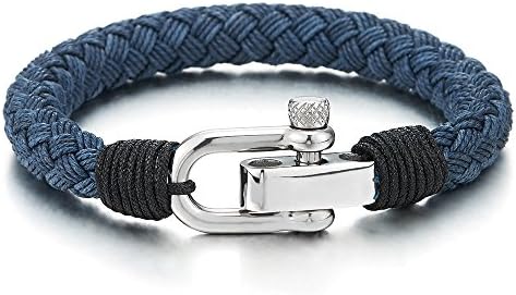 Cotton Rope Anchor Bracelet with Stainless Steel Shackle Clasp, COOLSTEELANDBEYOND Large Unisex Braided Chain Accessory