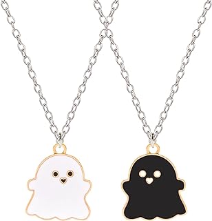 Matching Ghost Pendant Couple Necklaces with Stainless Steel Link Chain – Black and White Love Heart Halloween Jewelry Gift for Him and Her