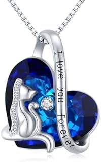 Women's Sterling Silver Box Chain Necklace with Zircon-Embellished Heart and Kitty Pendant, Crystal Cat Necklace - Ideal Jewelry Gift for Cat Lovers and Birthday, Valentines Day