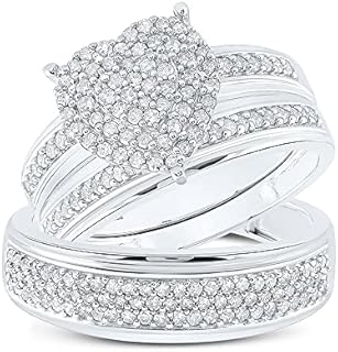 His and Hers Bridal Womens and Mens Engagment and Wedding Band Complete Trio Matching Wedding Rings Set 925 Sterling Silver Round Diamond Heart 7/8 Cttw