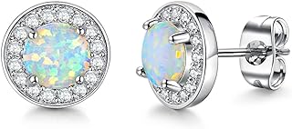 Gold Plated Opal Stud Earrings for Women and Girl,Cubic Zirconia Halo Opal Earrings for Women