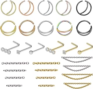 Ypser 20G Surgical Steel Double Hoop Nose Rings Nose Chain CZ Nose Studs With Chain Nostril Piercing Set