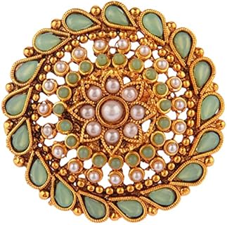 Indian Wedding Rings with Kundan Crystals and Faux Pearl Beads for Women, Adjustable Round Alloy Ring with Bollywood Design