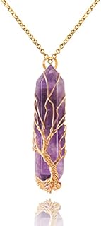 Healing Crystal Necklace Tree of Life Wire Wrapped Natural Stone Point Pendant Necklace Hexagonal Reiki Spiritual Quartz Gemstone Jewelry for Women Men