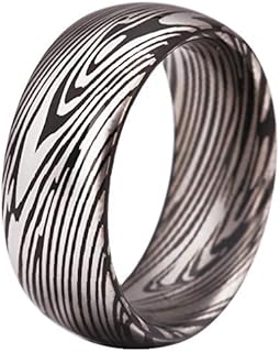 Damascus Wedding Ring Engagement Ring - Men's 8mm Black Polished Domed Ring Tungsten Carbide Ring with Engraved - FREE Inside Engraving