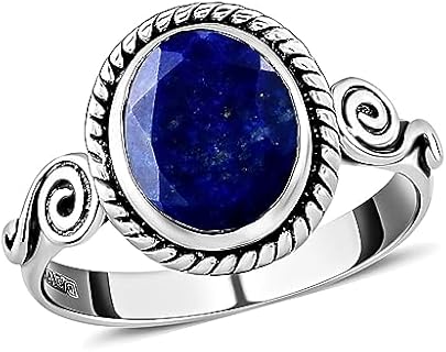Lapis Lazuli Sterling Silver Solitaire Engagement Ring for Women, Celestial Blue Crystal Chakra Design, Size 5