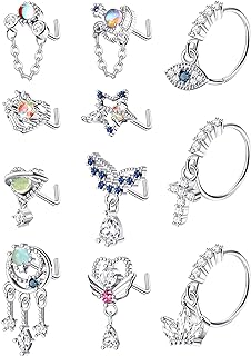FIBO STEEL Cubic-Zirconia Encrusted Dangle Nose Ring Set with Unique L-Shaped and Hoop Styles for Women, Made from Durable 316L Stainless Steel with Butterfly, Cross and Evil Eye Designs