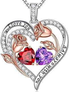 Iefil Rose Heart Necklaces for Women - 925 Sterling Silver Rose Heart Birthstone Necklace Birthday Gifts for Women Anniversary Christmas Jewelry Gifts for Her Wife Girlfriend Mom Daughter