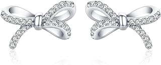 14K Gold Plated Cubic Zirconia Bow Stud Earrings in Sterling Silver for Women with Push Back Design by Coodilor