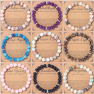 Natural Crystal 9-Piece Bracelet Set for Men and Women - 8mm Semi-Precious Healing Gemstones on Robust Zinc - Unisex Therapeutic Round Bead Jewelry