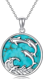 925 Sterling Silver Dolphin Pendant Necklace with Ball Chain and Genuine Turquoise Gem for Women and Girls - Ocean Themed Design