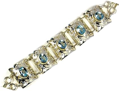 Handcrafted Sterling Silver and Natural Blue Topaz Bangle Bracelet from India, 8 Inches Long