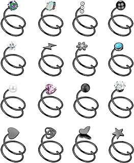 FASACCO 16Pcs Double Nose Ring Hoop for Single Piercing 20 Gauge Stainless Steel Nose Hoop Spiral Star Pearl CZ Butterfly Twist Nose Ring Hoops Double Hoop Earrings for Women