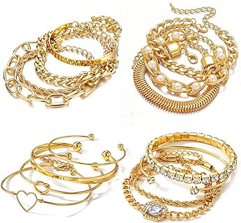 15 Pcs 14K Plated Gold Bracelets Set for Women Girls, Multiple Layered Stackable Open Cuff Bangle, Adjustable Cuban Link Chain Tennis Bracelet Pack, Dainty Classic Aesthetic Jewelry for Gift