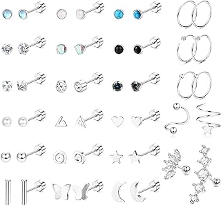 THUNARAZ Surgical Steel Flat Back Stud Earrings for Women Men Hypoallergenic Cartilage Earrings Stud Hoops CZ Star Moon Heart Screw Back Earrings Tragus Daith Helix Earrings Piercing Jewelry 20G