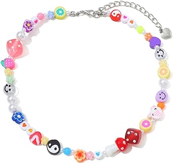 Y2K Necklace for Women Colorful Fruit Pearl Choker Necklace Cute Mushroom Yin Yang Beaded Necklace Handmade Resin Flower Jewelry for Teen Girls