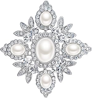 EVER FAITH Austrian Crystal Oval Simulated Pearl Wedding Chunky Flower Brooch Clear Silver-Tone